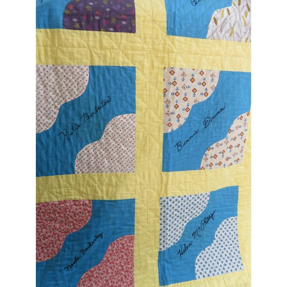 Vintage 1965 Handmade Friendship‎ Quilt Embroidered Signed Patchwork Blue Yellow